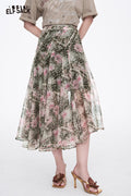 ELFSACK Y2K Leopard Print Flower Print Irregular Chiffon Skirt Women