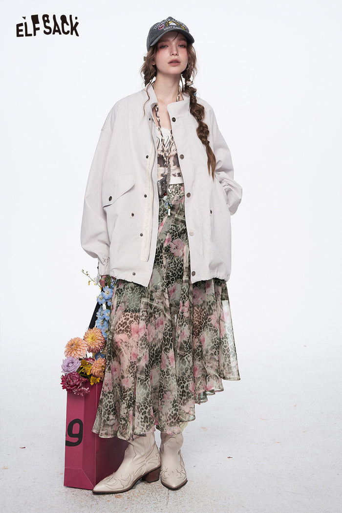 ELFSACK Y2K Leopard Print Flower Print Irregular Chiffon Skirt Women