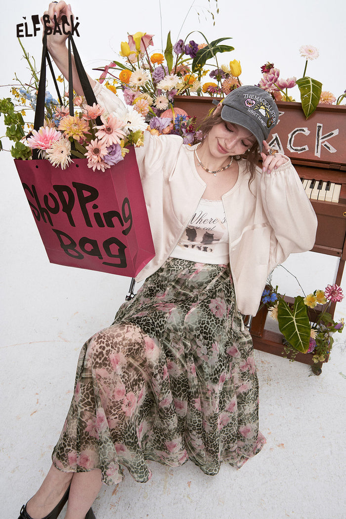 ELFSACK Y2K Leopard Print Flower Print Irregular Chiffon Skirt Women
