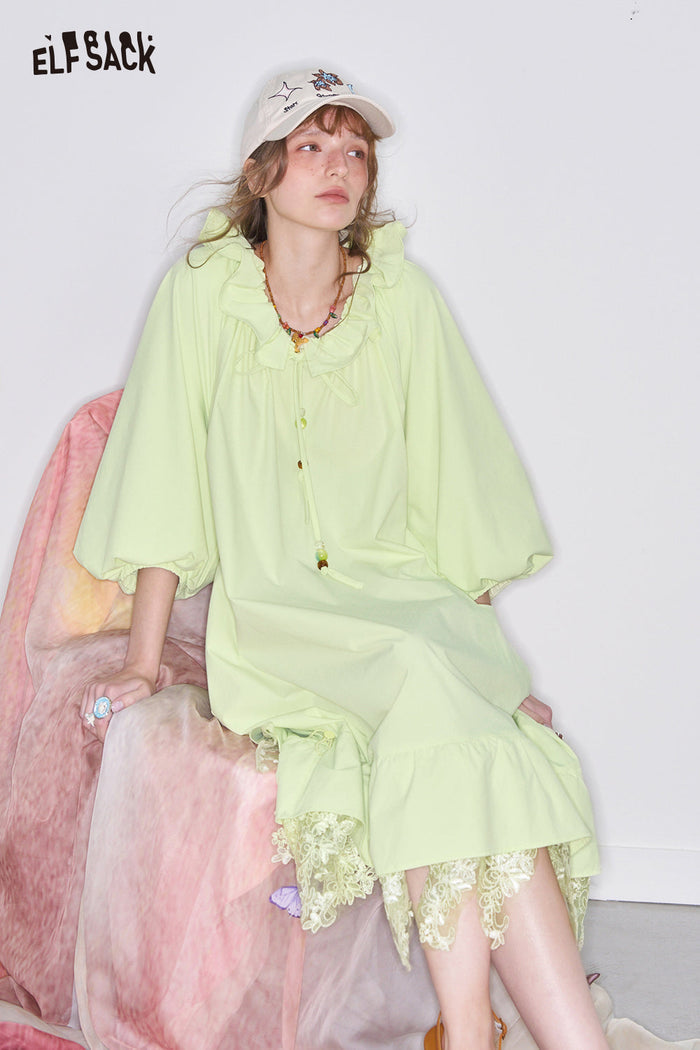 ELFSACK Y2K Sweet Lace Stitching Dress Women Lantern Sleeve Oversize Dress