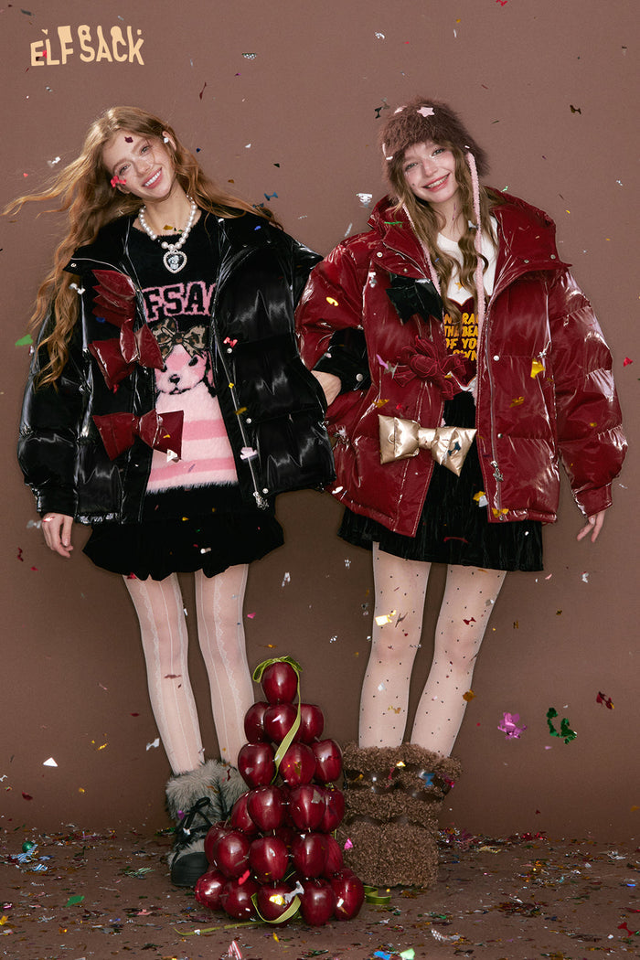 ELFSACK Y2K Unique Design Shiny Extra 3 Detachable Bows Embellishment Short Down Jacket