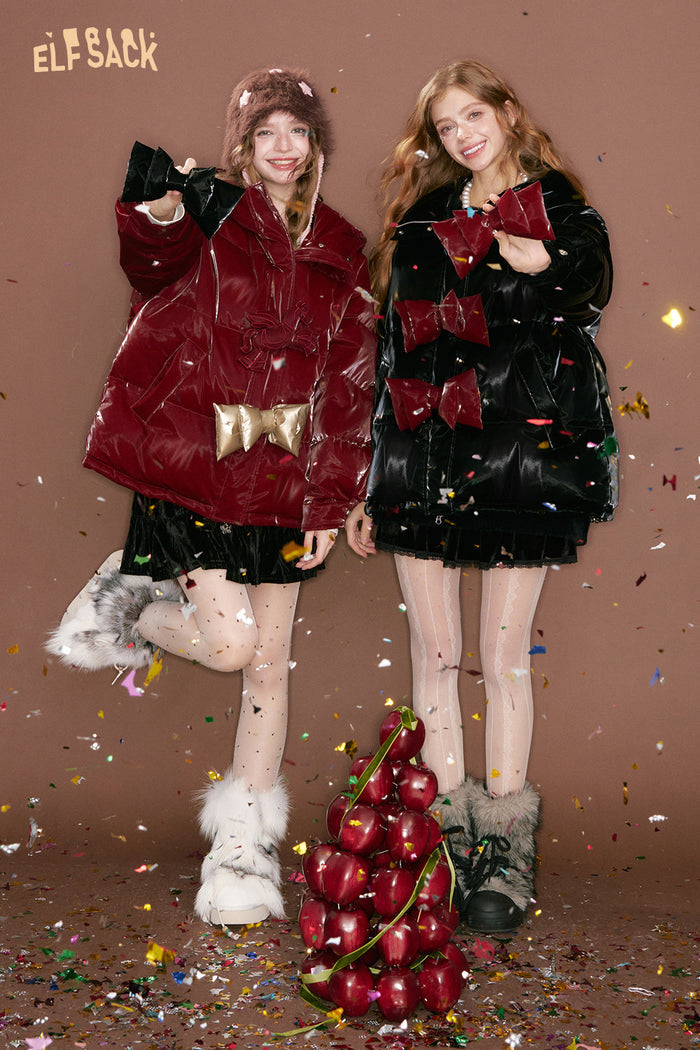ELFSACK Y2K Unique Design Shiny Extra 3 Detachable Bows Embellishment Short Down Jacket