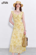 ELFSACK Y2K Vacation V-neck Ruffle Yellow Floral Dress