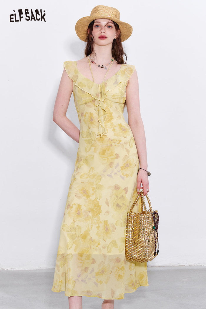 ELFSACK Y2K Vacation V-neck Ruffle Yellow Floral Dress