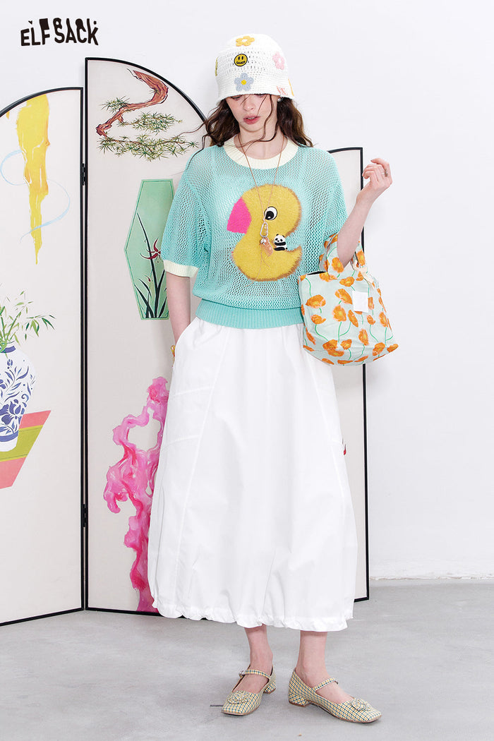 ELFSACK Yellow Duck Hollow Short Sleeve Knitted Hoodie