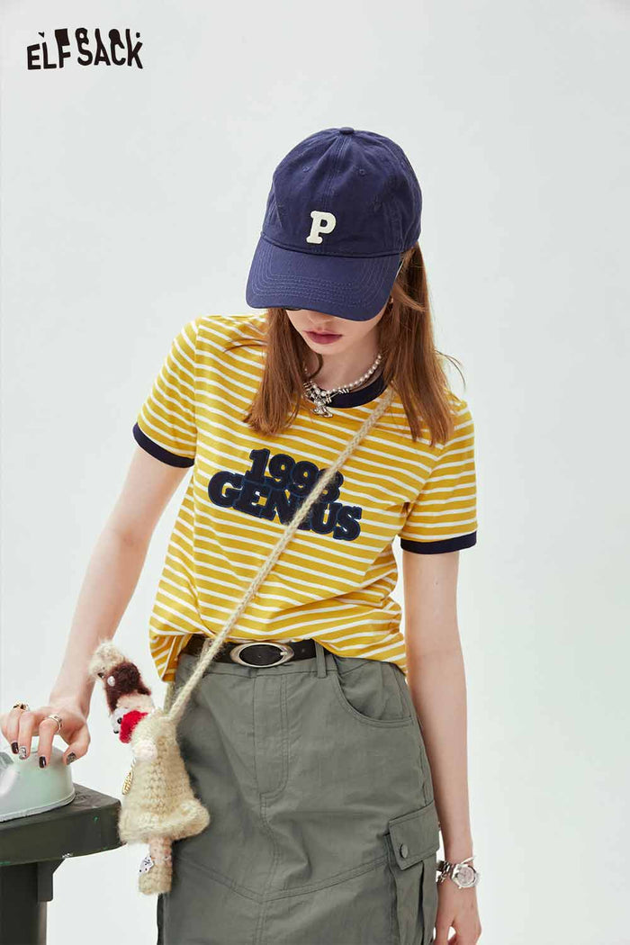 ELFSACK Yellow White Striped T Shirt