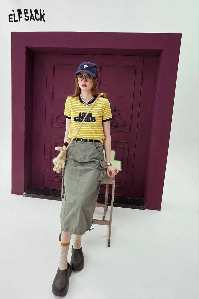 ELFSACK Yellow White Striped T Shirt