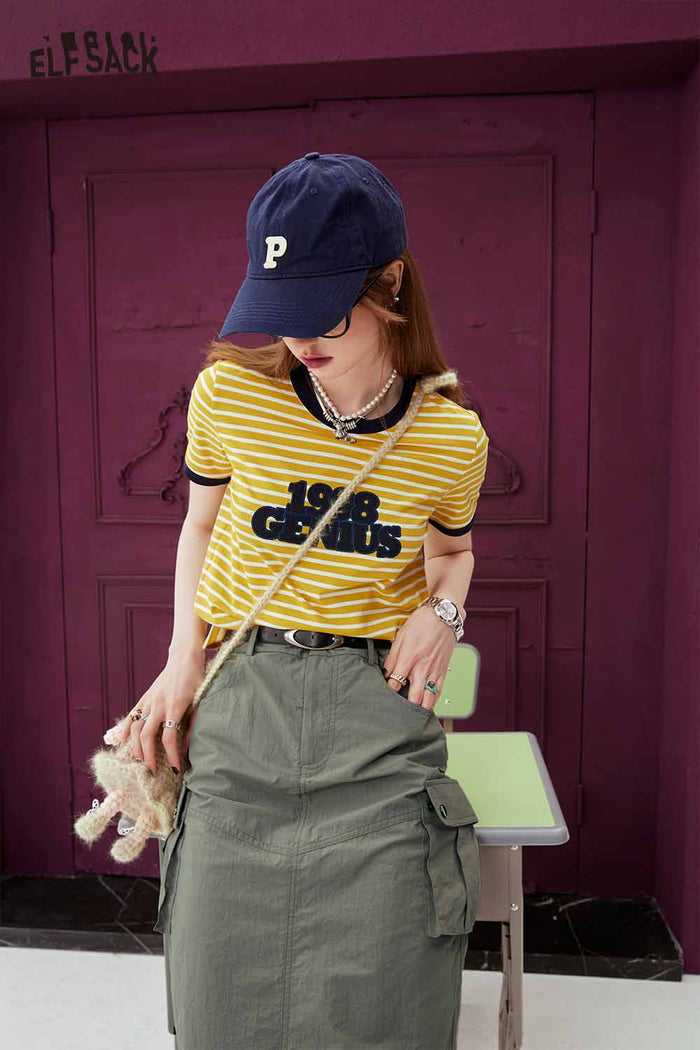ELFSACK Yellow White Striped T Shirt