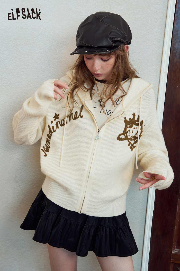Zip Hooded Cardigan with Cartoon Print