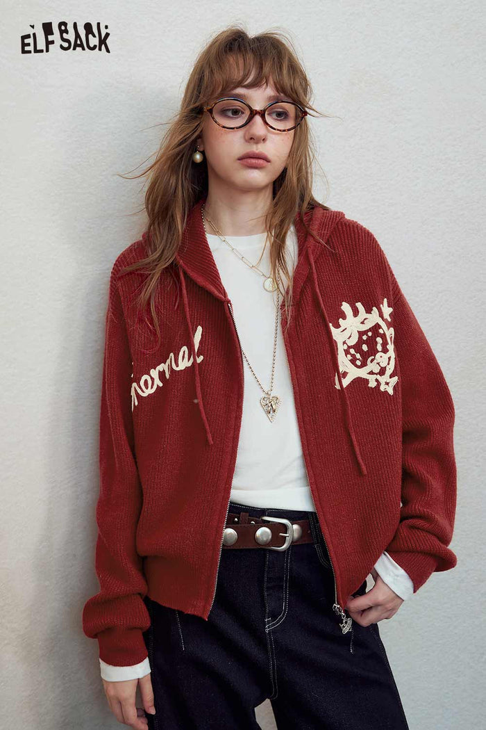 Zip Hooded Cardigan with Cartoon Print