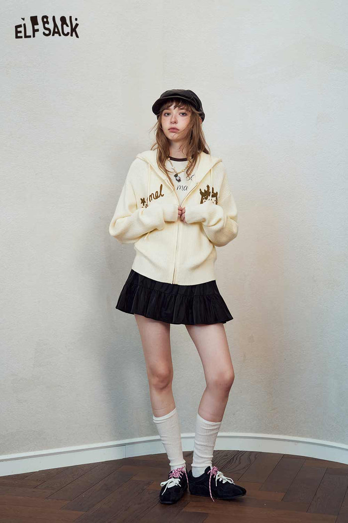 Zip Hooded Cardigan with Cartoon Print