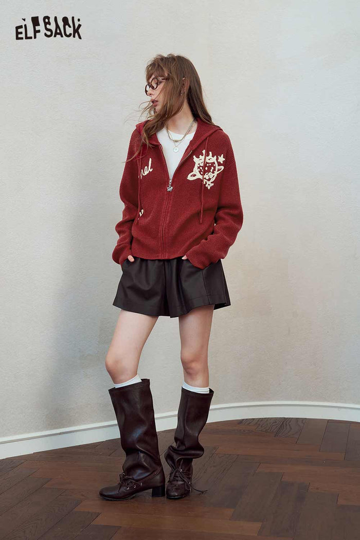 Zip Hooded Cardigan with Cartoon Print