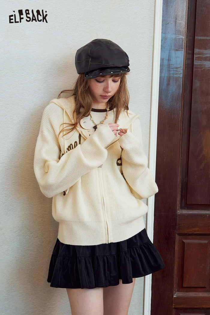 Zip Hooded Cardigan with Cartoon Print