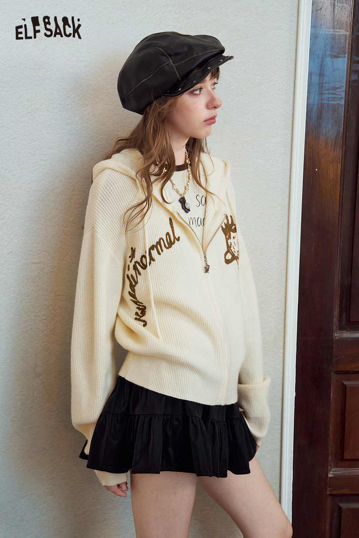 Zip Hooded Cardigan with Cartoon Print