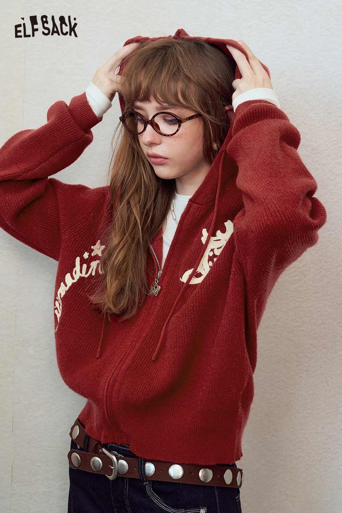 Zip Hooded Cardigan with Cartoon Print