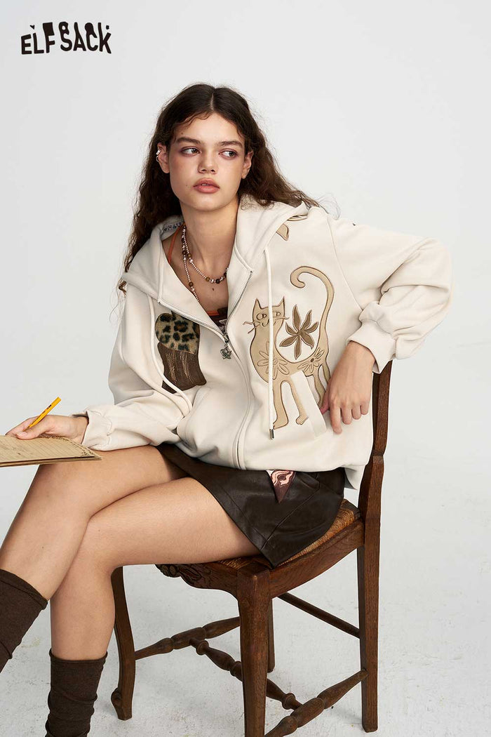 Zip Up Hooded Jacket with Cat Floral Print