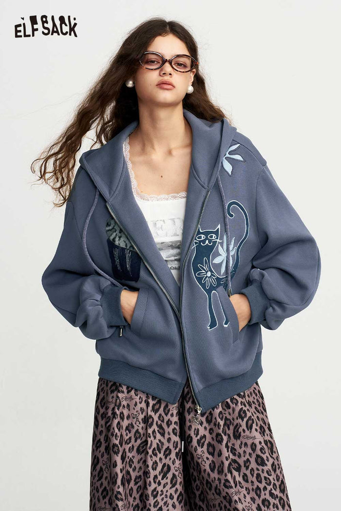 Zip Up Hooded Jacket with Cat Floral Print