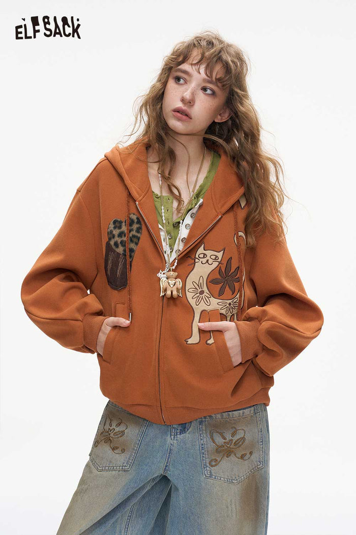 Zip Up Hooded Jacket with Cat Floral Print