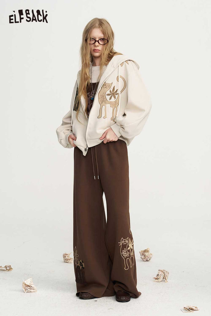 Zip Up Hooded Jacket with Cat Floral Print