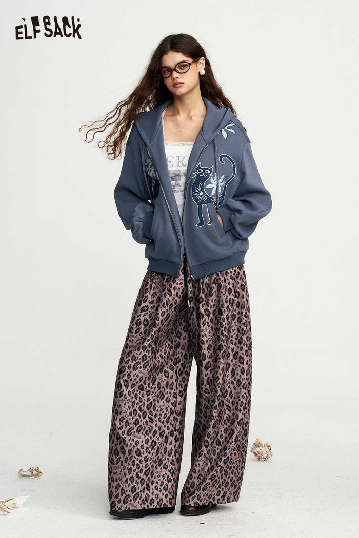 Zip Up Hooded Jacket with Cat Floral Print