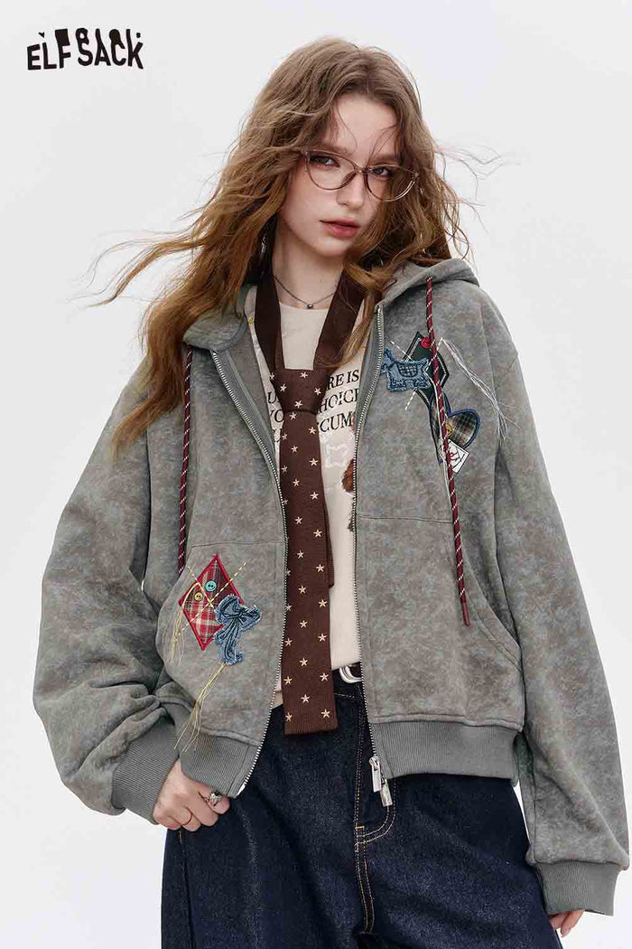 Zip Up Hooded Jacket with Embroidery