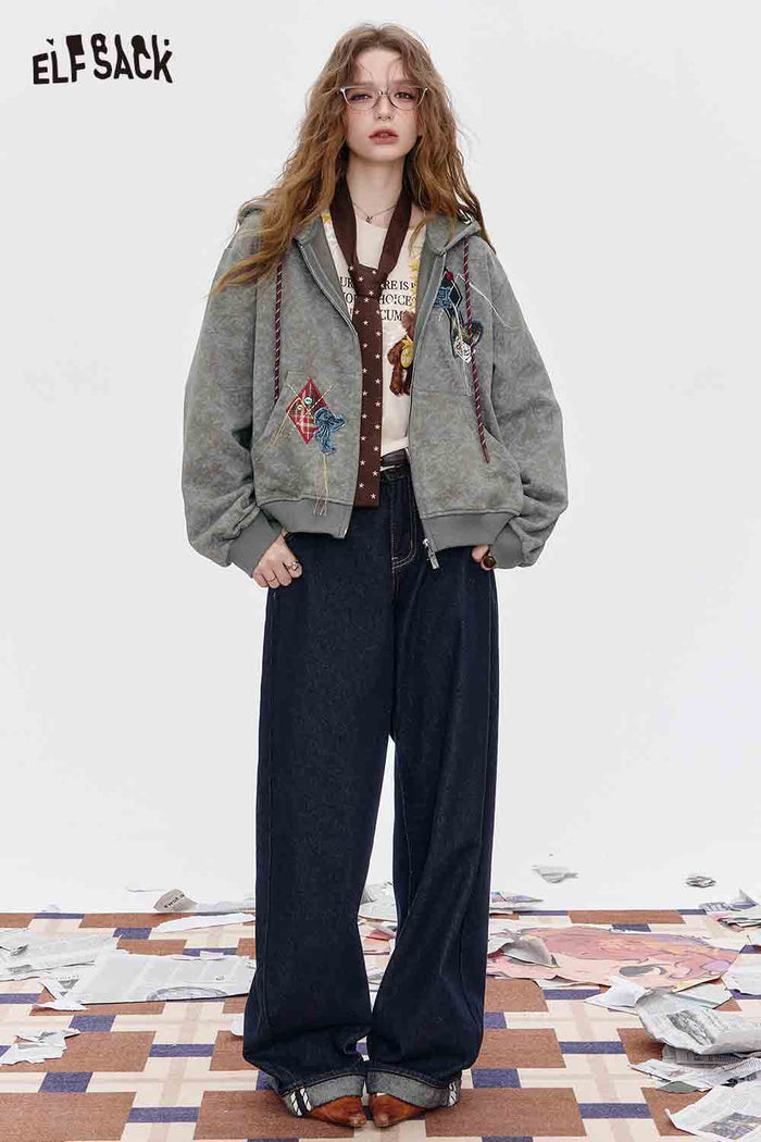 Zip Up Hooded Jacket with Embroidery