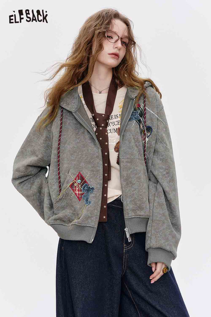 Zip Up Hooded Jacket with Embroidery