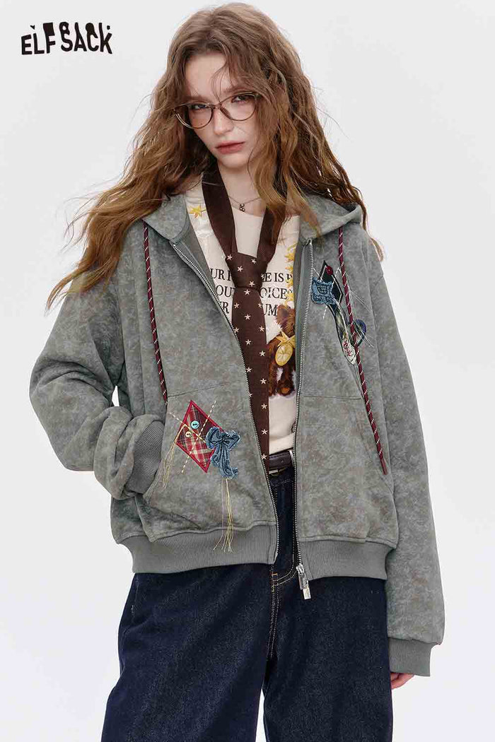 Zip Up Hooded Jacket with Embroidery
