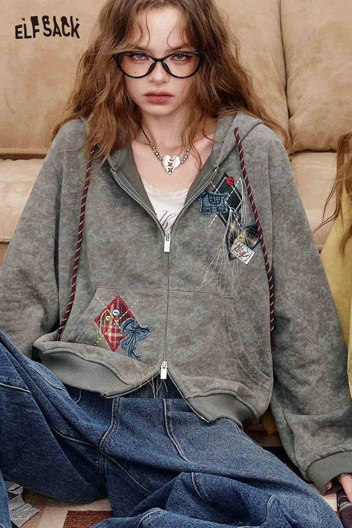 Zip Up Hooded Jacket with Embroidery