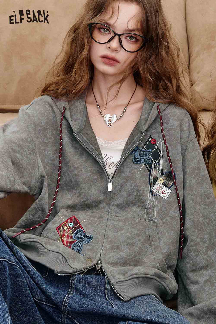 Zip Up Hooded Jacket with Embroidery