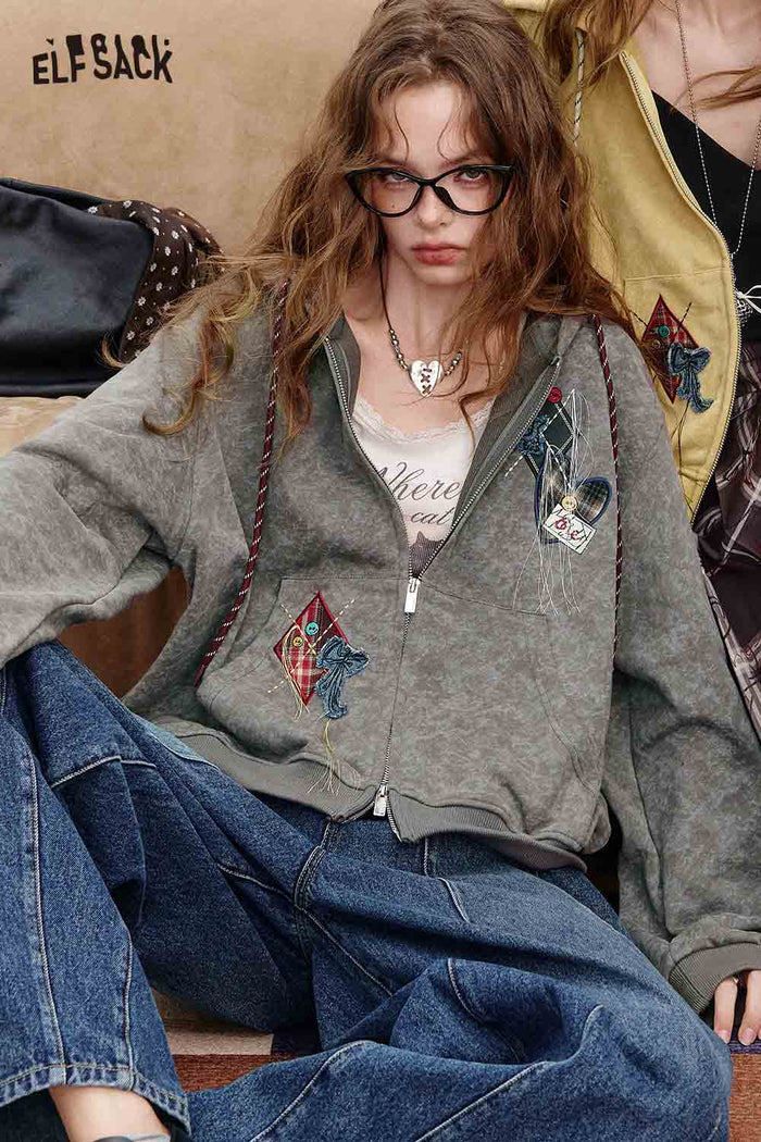 Zip Up Hooded Jacket with Embroidery