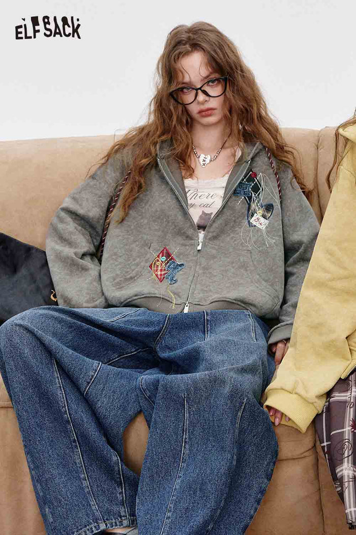 Zip Up Hooded Jacket with Embroidery