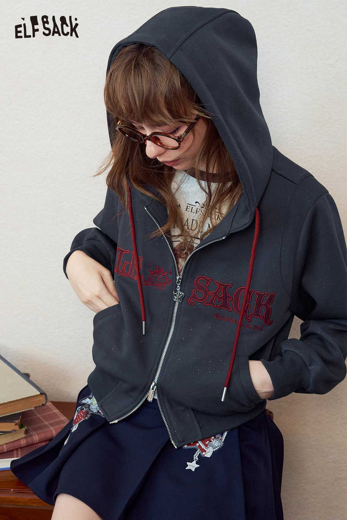 Zip-Up Hoodie with Embroidery Sparkle