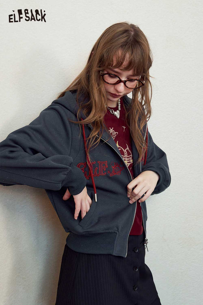 Zip-Up Hoodie with Embroidery Sparkle